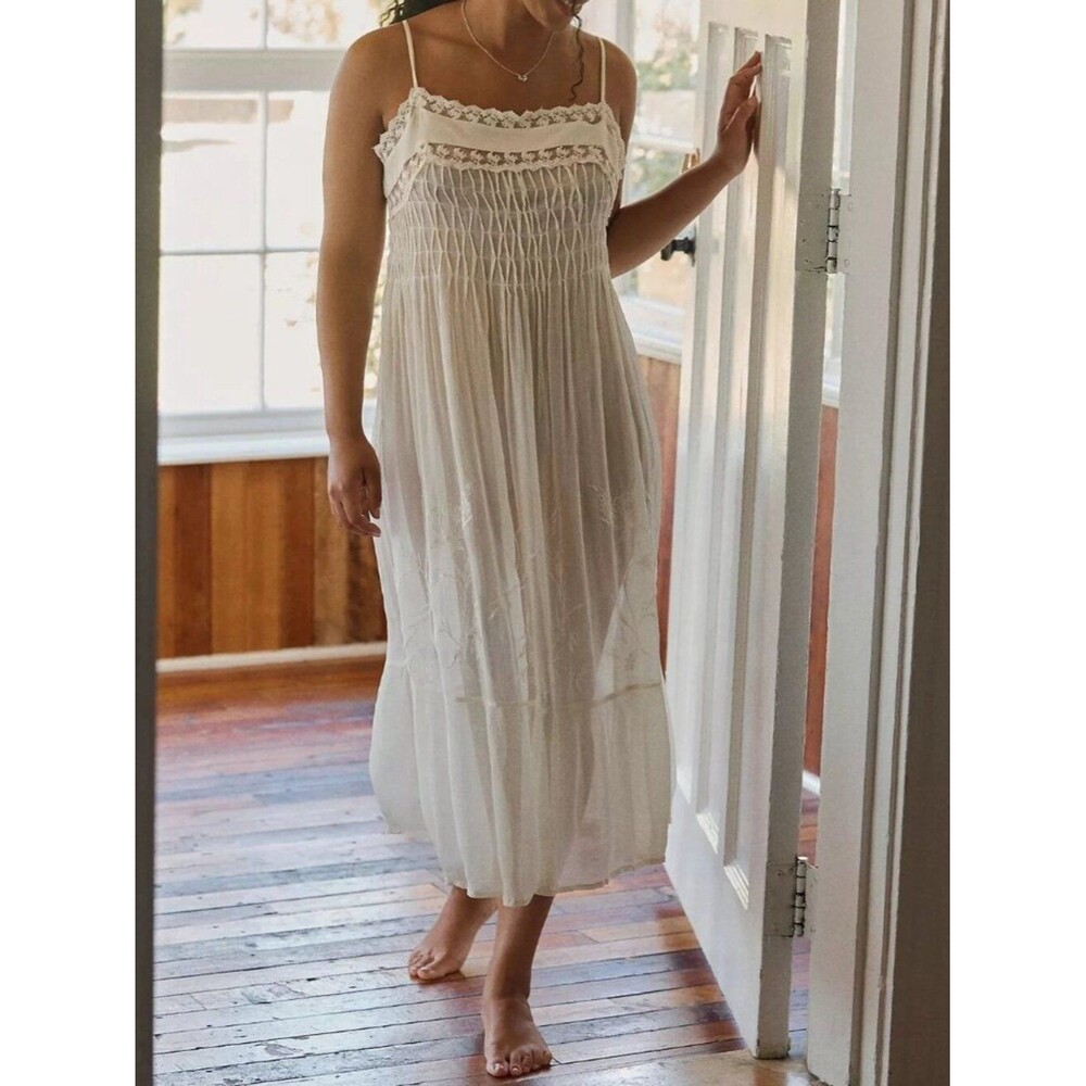 Anthropologie LyreBird Pleated Chiffon Midi Slip Dress Embroidered Lace S 290370